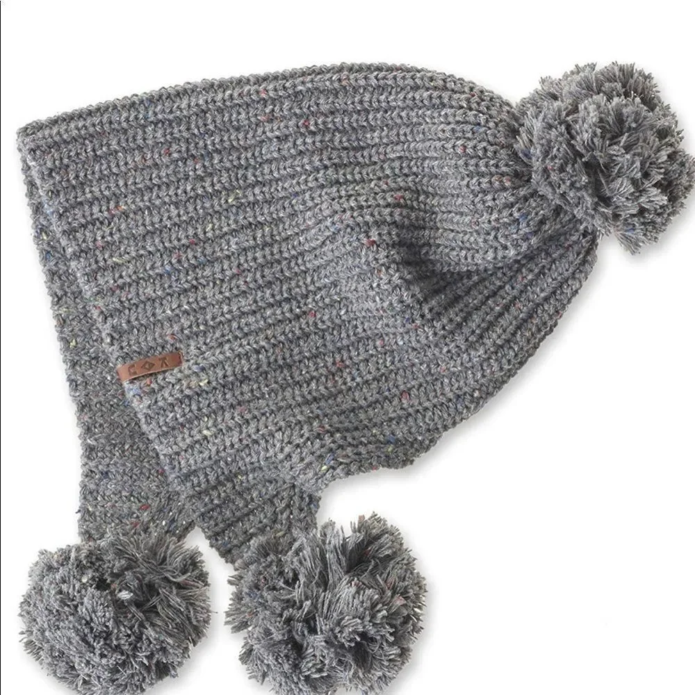 KAVU Cloud Nine Pom Pom Beanie Hat Mineral Gray Chunky Knit Ear Flap New, OS